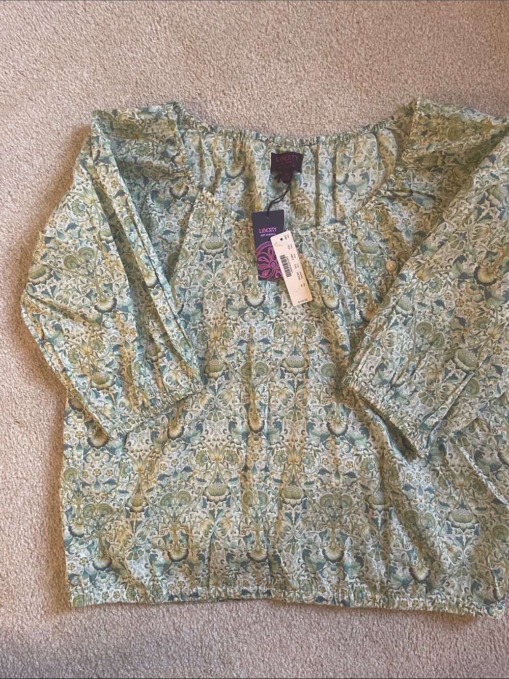 J. Crew Green and Cream Paisley Print Peasant Blouse